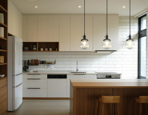 Three Light Linear Pendant Island Lighting With 5.9 Inch Globe Striped Glass Shades in modern kitchen setting