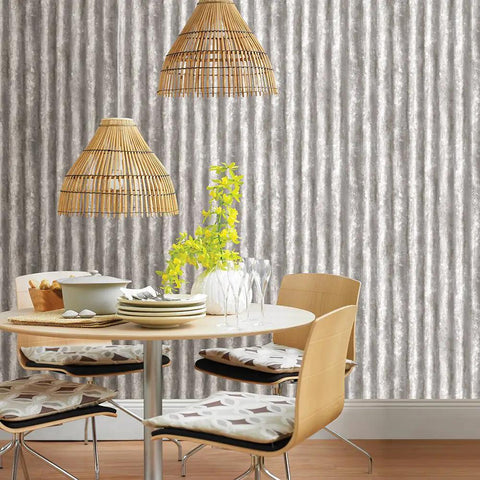 Dining area with Cool Silver Corrugated Metal Wallpaper Washable And Strippable Nonwoven Material With Realistic Metallic Shine For Accent Walls