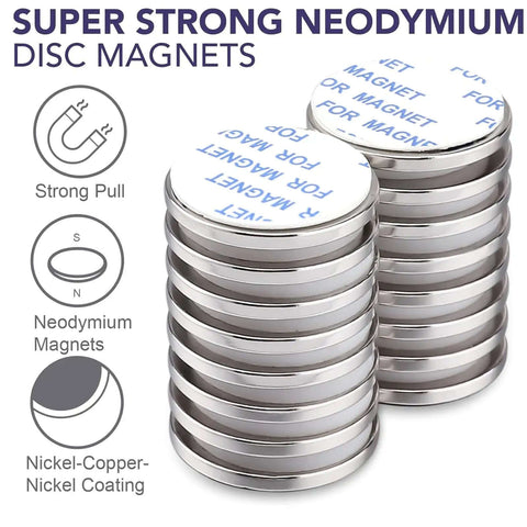 Stack of six pack super strong neodymium disc magnets with double sided adhesive for fridge DIY projects craft office and scientific use heavy duty rare earth magnets 1.26 inch diameter by 1/8 inch thick, showing Ni-Cu-Ni coating.