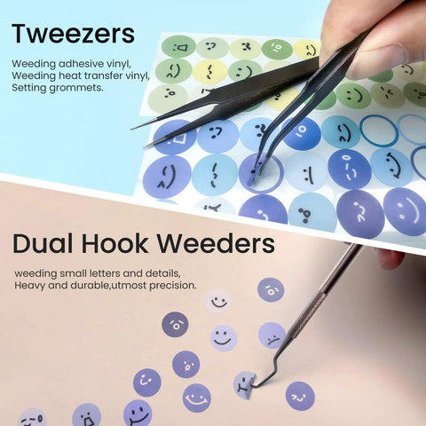 35-Piece All-In-One Weeding Tools Kit For Vinyl And Scrapbooking, tweezers and dual hook weeders used on smiley face stickers