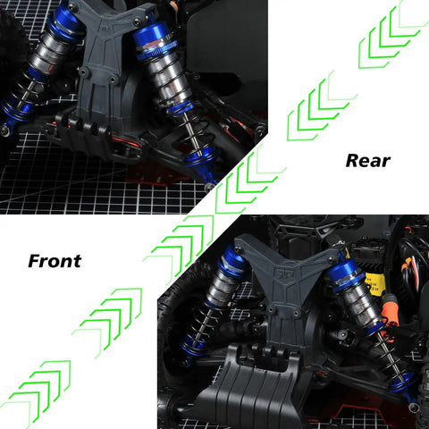 Front and rear Gorgon Big Bore Shocks Set for ARRMA 1 To 10 Scale RC Cars Upgrade, deep blue aluminum absorbers shown on car