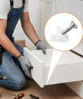 Person using Drawer Wedges With Screws Repair Kit For Sagging Furniture Bottoms, 50 Pcs Plastic ABS Drawer Support Wedges And Screws
