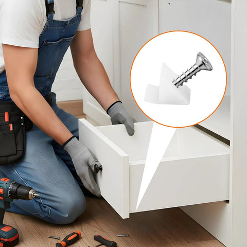 Person using Drawer Wedges With Screws Repair Kit For Sagging Furniture Bottoms, 50 Pcs Plastic ABS Drawer Support Wedges And Screws