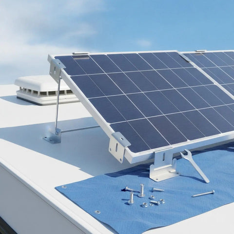 Offset Z Shaped Mounting Kit In Aluminum Alloy For RV And Marine Solar Panels, installed on RV roof with tools on blue tarp