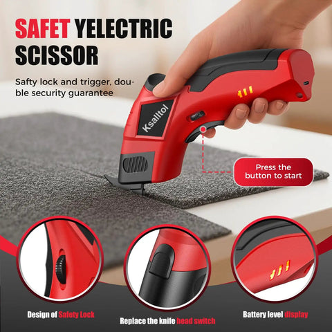 Heavy Duty Electric Box Cutter 3000mAh Cordless Cardboard Scissors With Safety Lock Rechargeable Battery shown cutting carpet.