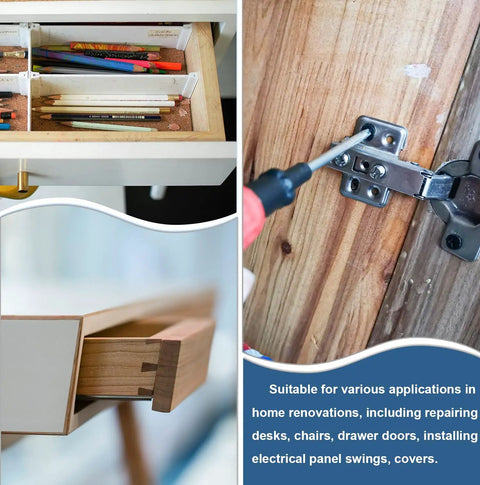 Using 120Pc Cabinet Screw Kit With M4 Pan Washer Head Phillips Machine Screws on a wood drawer and cabinet door hinge