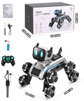 Front view of Amazon HuiJuKeJi interactive robot dog RC stunt car with eight mecanum wheels, LED eyes, remote, charger, and box.