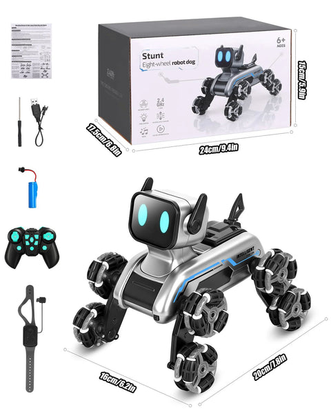 Front view of Amazon HuiJuKeJi interactive robot dog RC stunt car with eight mecanum wheels, LED eyes, remote, charger, and box.