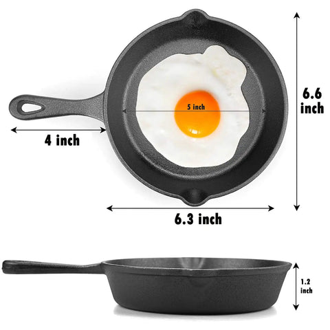 Top view of Six Inch Cast Iron Skillet With Drip Spouts For Even Heat, Preseasoned Oven Safe Frying Pan with egg and measurements.