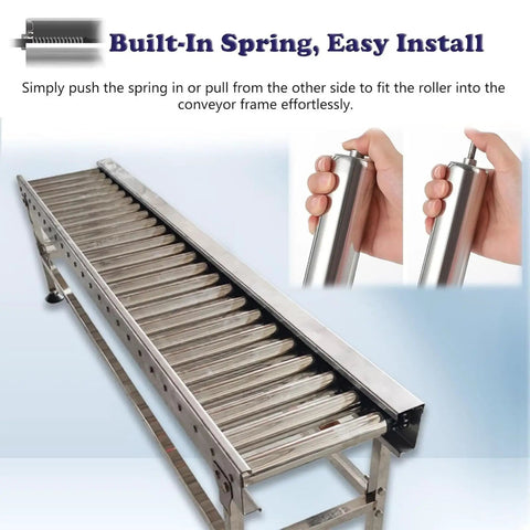 Heavy Duty 5 Pc Stainless Steel Conveyor Rollers For Warehouse Unloading And Factory Production Lines, showing easy spring press install