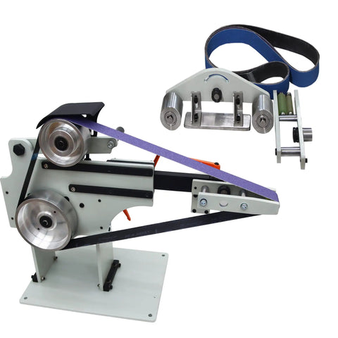 Heavy Duty Variable Speed Belt Sander And Knife Grinder Featuring Wheel Plus Flat Platen Tool Rest For Metal And Wood Polishing 1500W Motor 220V Rock Solid Reversible Workbench, showing the sander with a sanding belt.
