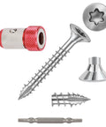 Top Shelf Go To Flat Head Torx Wood Screws T10 Star Drive Self Tapping Thread Cutting Fasteners setup with various screw types.