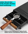 Stainless Steel Knock Box Drawer For No Sweat Daily Grind Cleanup Portable Espresso Grounds Container With Wooden Handle And One Liter Capacity Barista Ready Coffee Waste Bin For Quick Shot Sessions with rubber knock rod and filter.