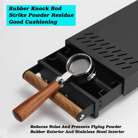 Stainless Steel Knock Box Drawer For No Sweat Daily Grind Cleanup Portable Espresso Grounds Container With Wooden Handle And One Liter Capacity Barista Ready Coffee Waste Bin For Quick Shot Sessions with rubber knock rod and filter.