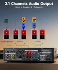 Rear panel of 600W Peak Two Channel Stereo Receiver with Bluetooth 5 3 phono optical coaxial USB FM mic inputs showing connections.