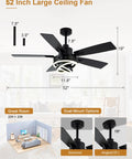 Smooth Operator 52 Inch Black Modern Chandelier Ceiling Fan Featuring Smart App Control And Barn Wood Blades dimensions and features overview.