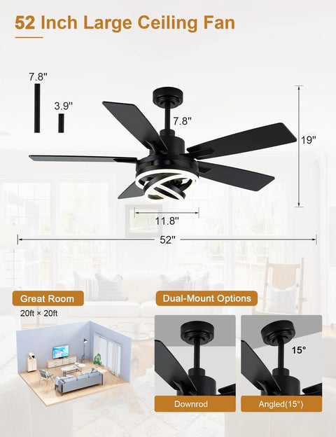 Smooth Operator 52 Inch Black Modern Chandelier Ceiling Fan Featuring Smart App Control And Barn Wood Blades dimensions and features overview.