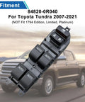 Upgraded Power Window Master Switch With White LED Backlit For 2007-2021 Toyota Tundra And Sequoia Auto Up And Down All Windows One Touch Driver Control Plug And Play Installation Clear Visibility In Low Light Excludes 1794 Limited Platinum, shown against a blurred Toyota Tundra truck.