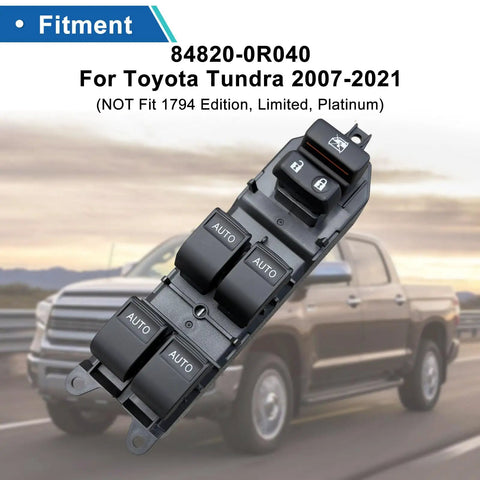 Upgraded Power Window Master Switch With White LED Backlit For 2007-2021 Toyota Tundra And Sequoia Auto Up And Down All Windows One Touch Driver Control Plug And Play Installation Clear Visibility In Low Light Excludes 1794 Limited Platinum, shown against a blurred Toyota Tundra truck.
