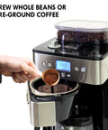 Grind And Brew Coffee Maker With Burr Grinder For Consistent Flavor, 12 Cup Programmable Timer, stainless steel, hand scooping coffee