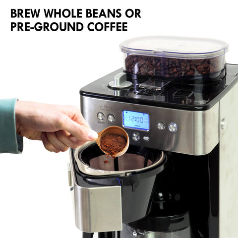 Grind And Brew Coffee Maker With Burr Grinder For Consistent Flavor, 12 Cup Programmable Timer, stainless steel, hand scooping coffee