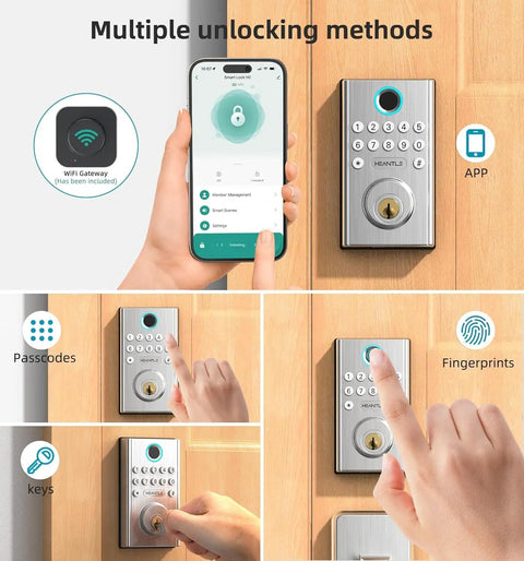 Slick WiFi Smart Deadbolt And Keyless Entry Door Lock With No Sweat App Connect Alexa Voice Commands shows smartphone and keypad unlocking methods.