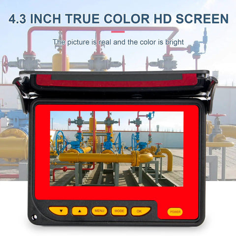 Heavy Duty Sewer Camera With 100 Ft Cable And Built In 16Gb Dvr For Hassle Free Drain Scoping and Rock Solid Pipe Inspection showing a 4.3 inch HD screen.