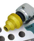 Diamond brazed step drill bit, gold color, side view attached to drill showing 20/35/50mm steps.