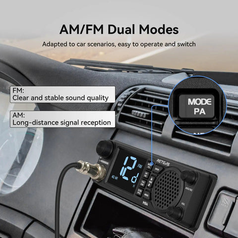 Long Range DIN Mount CB Radio Kit With NRC Noise Canceling Technology installed in car dashboard displaying AM/FM modes
