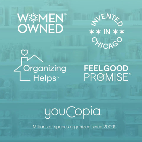 Women owned and organization branding with kitchen shelving background for Game Changer Two Tier Height Adjustable Lazy Susan Turntable.