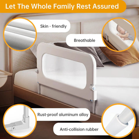 Toddler Bed Rail Guard With 14 Height Adjustable And Swing Down Design For Extra Tall Child Safety on queen bed, white, mesh