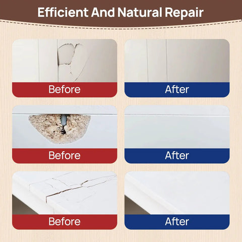 Before and after images of wood repairs showcasing Your Go To Wood Patching Essentials Features Fast Cure Paintable Putty for holes and cracks.