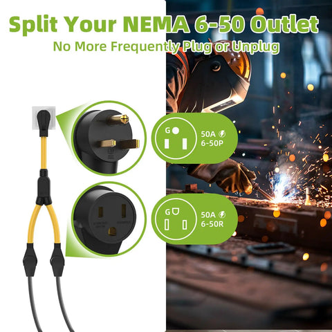 Kickass Heavy Duty 50 Amp NEMA 6-50P To Dual 6-50R Y Splitter Adapter Cord For Welders And EV Chargers showing plug type and usage.