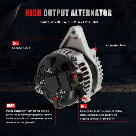High Output 100Amp 12V Alternator For Toyota Camry 2.5L 2012-2015 RAV4 2.5L 2009-2012 Scion tC 2.5L 2011-2016 Bolt-On Plug-And-Play Replaces 11402 104210-2270 Auto Part with labeled circuit and pulley