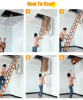 Instructional steps for Heavy Duty Electric Pull Down Attic Ladder Featuring Rock Solid Handrails And Smooth Telescopic Ceiling Mount.