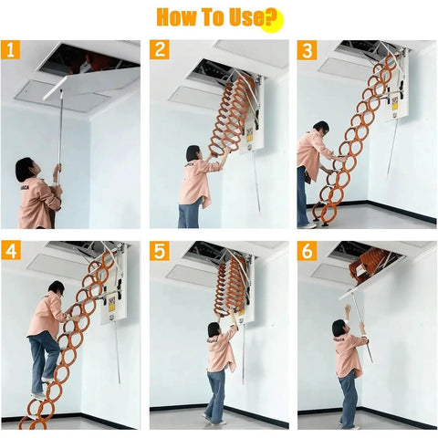 Instructional steps for Heavy Duty Electric Pull Down Attic Ladder Featuring Rock Solid Handrails And Smooth Telescopic Ceiling Mount.