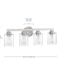 Bolden 4 Light Vanity Light Fixture In Brushed Polished Nickel With Clear Seeded Glass Shades, dimensions marked