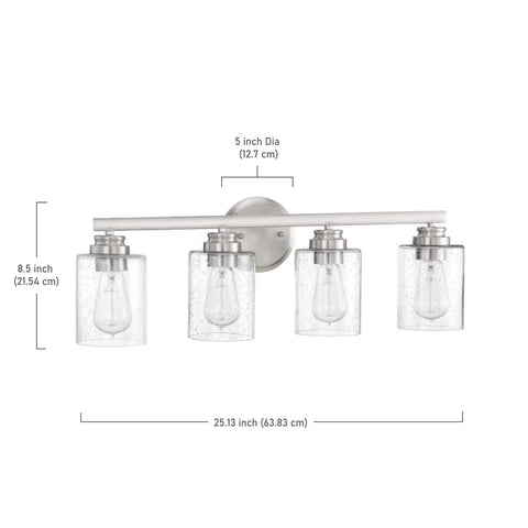 Bolden 4 Light Vanity Light Fixture In Brushed Polished Nickel With Clear Seeded Glass Shades, dimensions marked