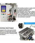 Heavy Duty Automatic Quantitative Filling And Sealing Machine With Horizontal Mixing Hopper Stainless Steel Multi Function Packaging Station showing control panel and stainless steel hopper.