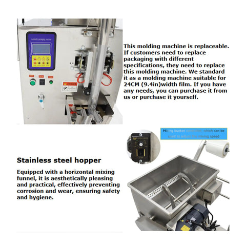 Heavy Duty Automatic Quantitative Filling And Sealing Machine With Horizontal Mixing Hopper Stainless Steel Multi Function Packaging Station showing control panel and stainless steel hopper.