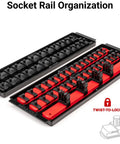Your Go-To 1/4 Inch Drive 12 Point Socket And Ratchet Set With Rails And Trays, 57 Piece, showing socket rail organization system
