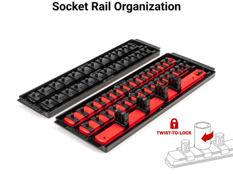 Your Go-To 1/4 Inch Drive 12 Point Socket And Ratchet Set With Rails And Trays, 57 Piece, showing socket rail organization system