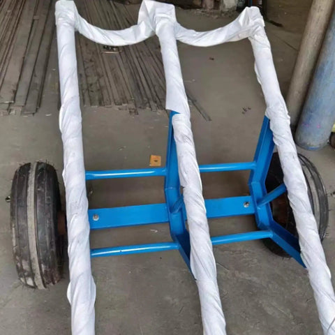 Tough As Nails Heavy Duty Pole Hauler Cart For Concrete Utility Lines And Long Material Transport With Swivel Casters and Bulletproof Steel Chassis Assembly, blue steel frame with wrapped handles and tires.