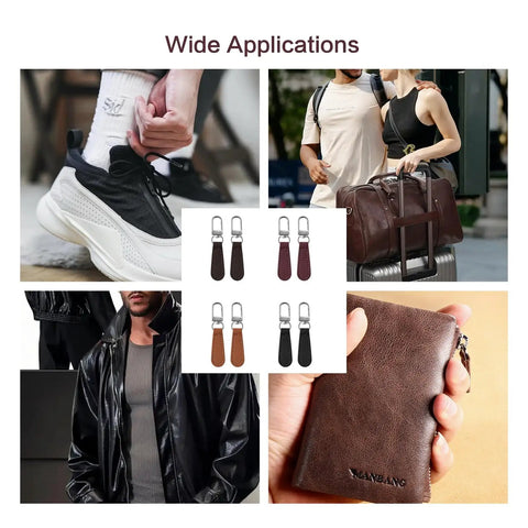 Dope 8 Piece Leather Zipper Pull Replacement Kit in black, coffee brown, khaki, burgundy shown on shoes, bags, and jackets