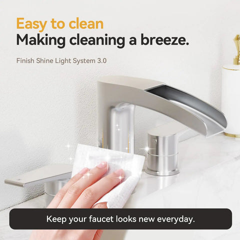 Brushed Nickel Waterfall Bathroom Faucet For Your Vanity Sink Widespread 3 Hole 8 Inch Design Solid 304 Stainless Steel Construction Includes Pop Up Drain And Water Supply Lines being cleaned