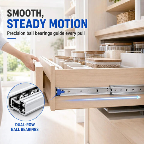 Heavy Duty Drawer Slides 500 Lb Full Extension Side Mount Rails For Tool Boxes And Workbenches, 2.5 Mm Cold Rolled Steel Construction, Smooth Quiet Glide, Ultra Durable Heavy Load Storage Drawers, side-mounted drawer open with dual-row ball bearings