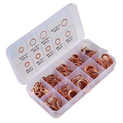 200 Pcs Flat Copper Washer Set Nine Sizes M5 To M14 O Ring Copper Gasket Seal Kit in open storage case