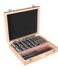 Open wooden case showing Keyway Broach Kit And Rectangular Broaching Set With 5 Broaches, 18 Bushings, 7 Shims, 30 Pieces For Metalworking And Manufacturing.