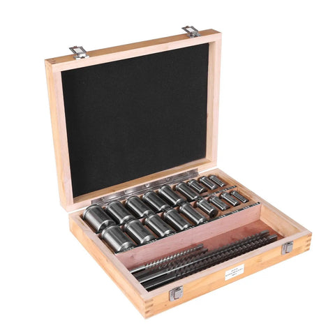 Open wooden box displaying Pro Grade Keyway Broach Kit for Metalworking and Manufacturing, containing broaches, bushings, shims.