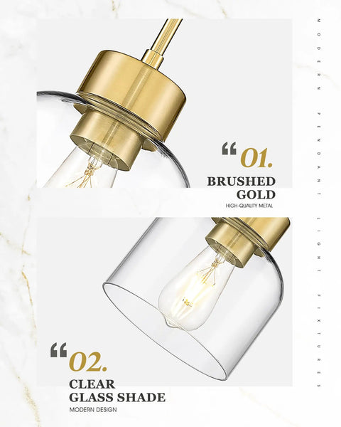 2 Pack 7 Inch Brushed Gold Pendant Lights With Crystal Clear Glass Shades For Kitchen Island And Dining Room showcasing brushed gold metal and clear glass design.